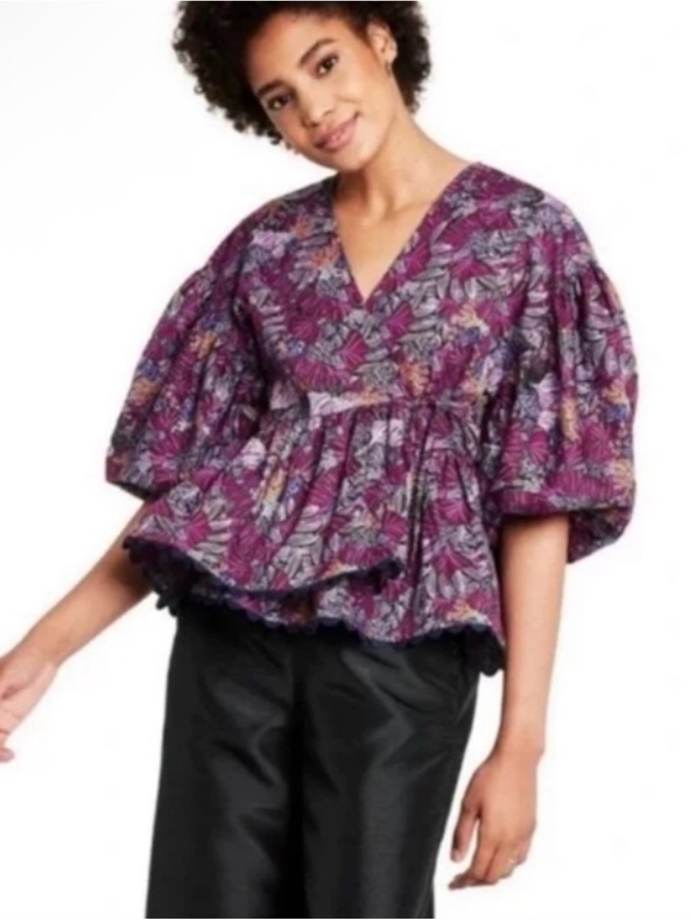 Kika Vargas x Target Purple Floral Cotton Coral Reef Scallop Edge Wrap Top M